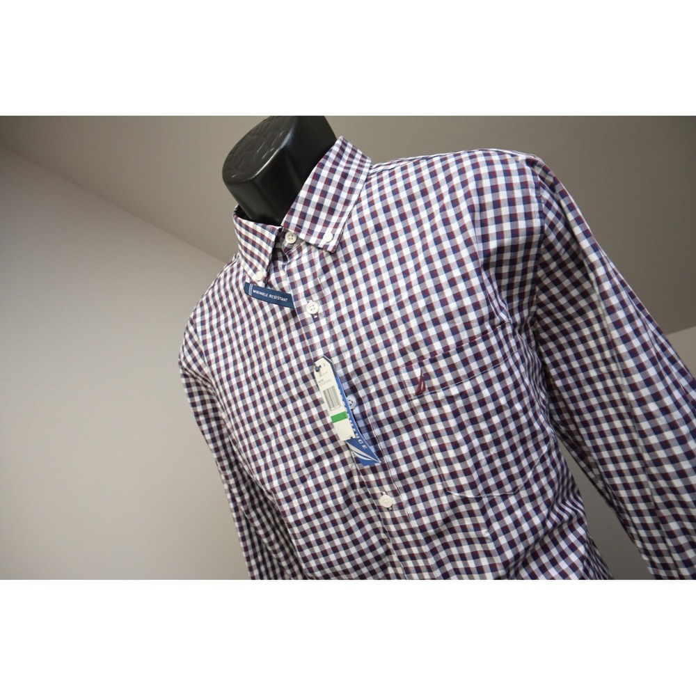 Nautica Button Up Dress Shirt Mens Large Zinfandel Gingham Plaid Long Sleeve New